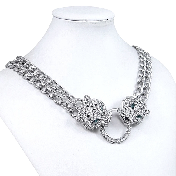 Silver Leopard Cheetah  Double Headed Exaggerated Statement Rhinestone Choker - Picture 4 of 8